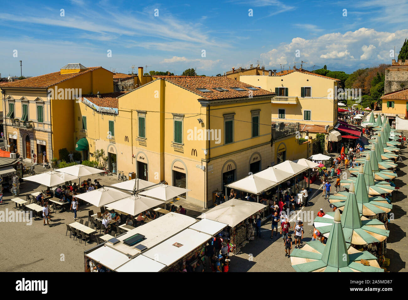 Elevated view of a street in the famous town of Pisa with a McDonald's