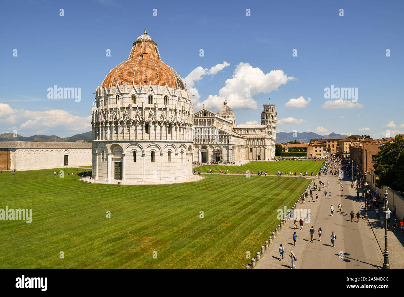 Elevated, panoramic view of the famous Piazza dei Miracoli in Pisa with the Baptistry of St John, the Cathedral and the Leaning Tower, Tuscany, Italy Stock Photo