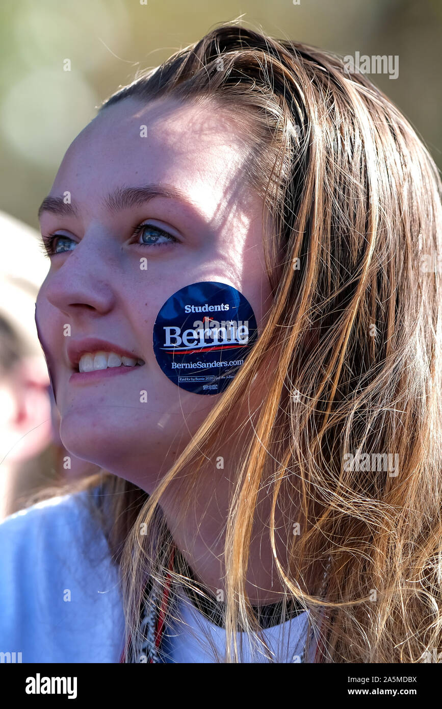 Bernie Sanders supporter shows her enthusiasm as he states, “I’m back” at his campaign rally in Queens, New York. Stock Photo