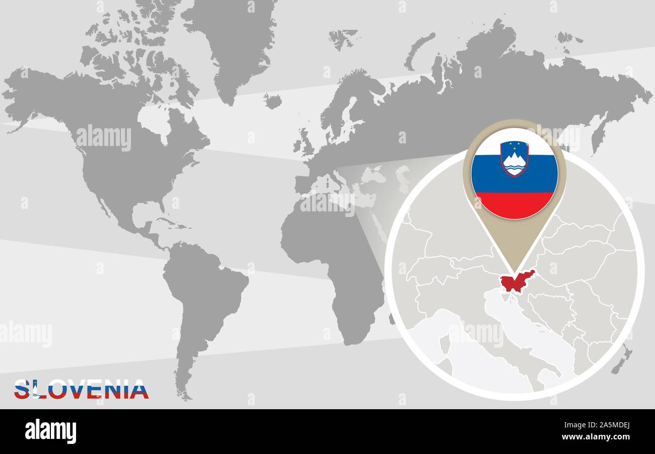 World Map With Magnified Slovenia Slovenia Flag And Map Stock Vector World Map With Magnified Slovenia Slovenia Flag And Map 2A5MDEJ 