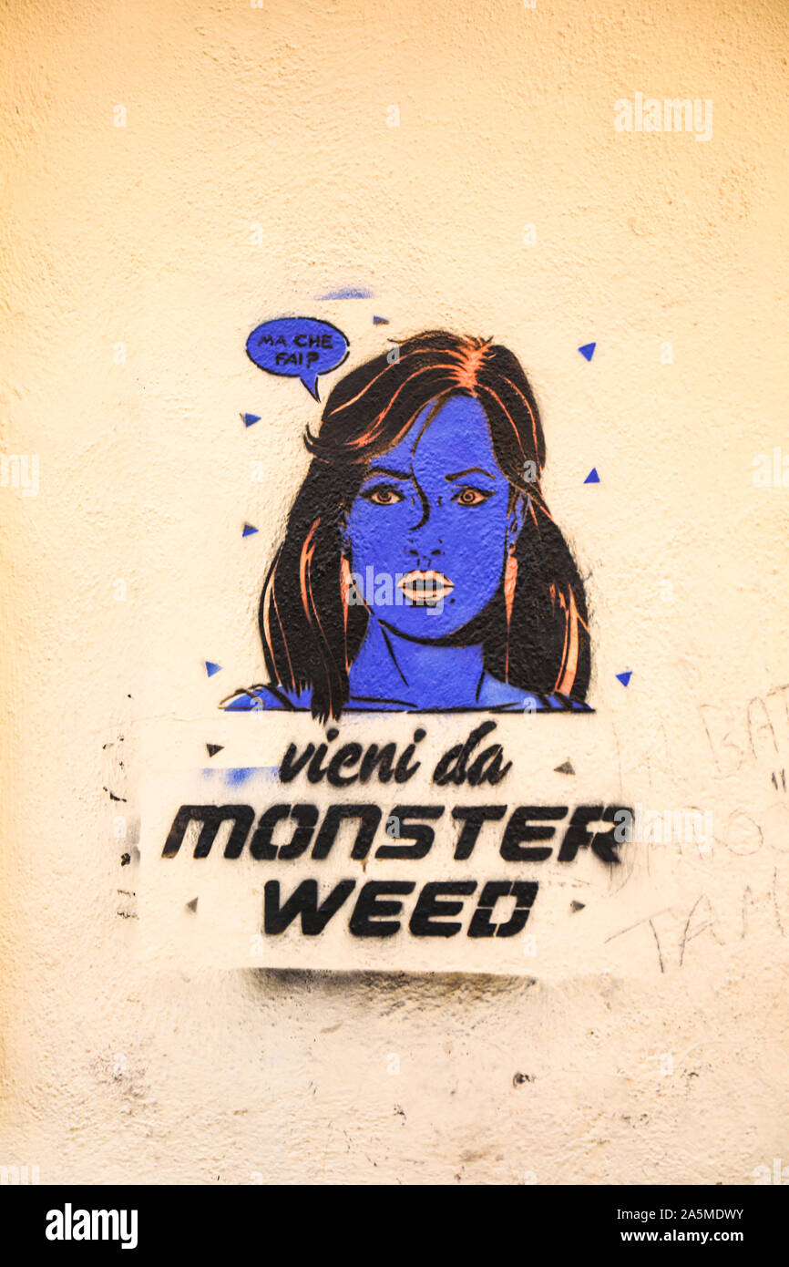 Monster Weed stencil graffiti pop art mural in Trastevere district of Rome, Italy Stock Photo