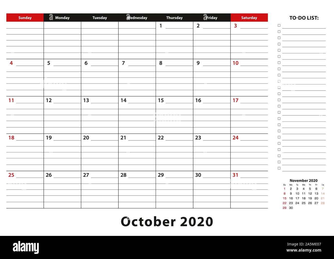October 2020 Monthly Desk Pad Calendar week starts from sunday, size A3