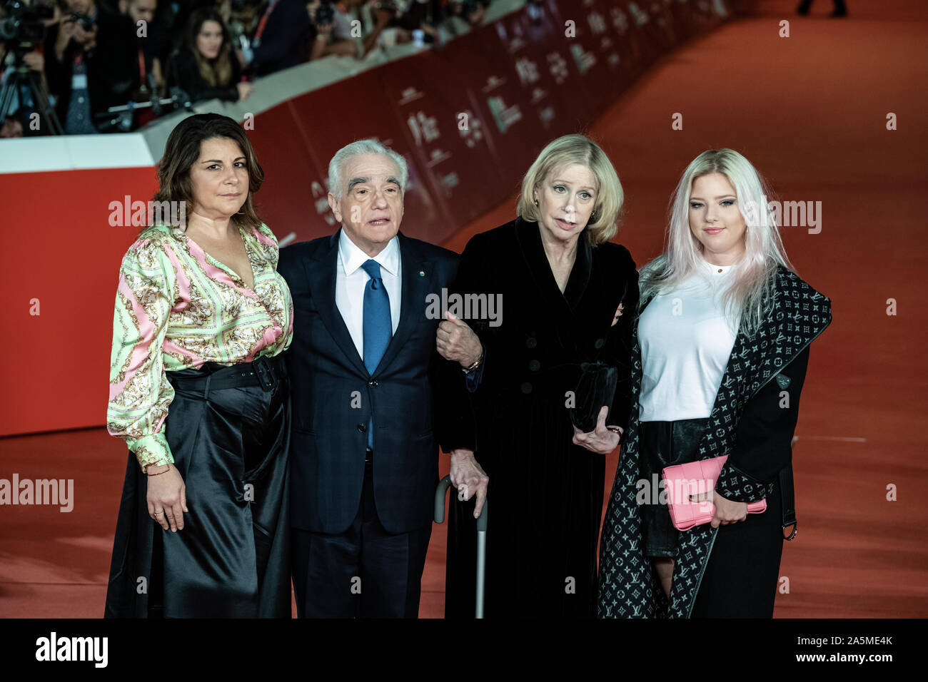 (L-R) Cathy Scorsese, Martin Scorsese, Helen Morris and Francesca Scorsese attend 'The Irishman' red carpet during the 14th Rome Film Festival. Stock Photo