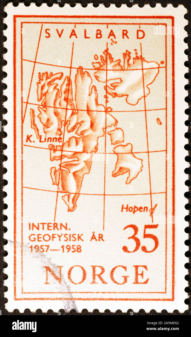 Map of Svalbard on norwegian postage stamp Stock Photo