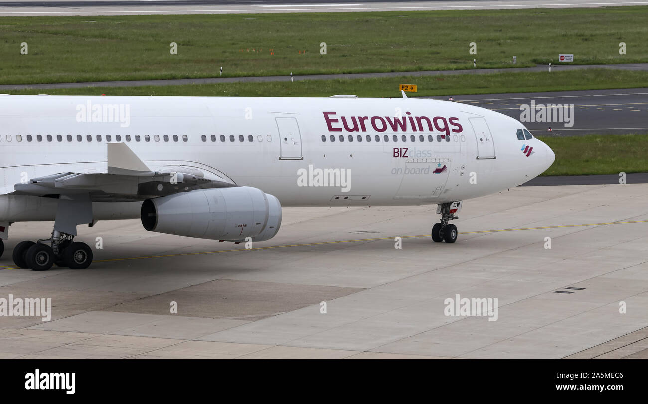DUSSELDORF, GERMANY - MAY 26, 2019: Eurowings Airbus A340-313X (CN 335) taxi in Dusseldorf Airport. Stock Photo