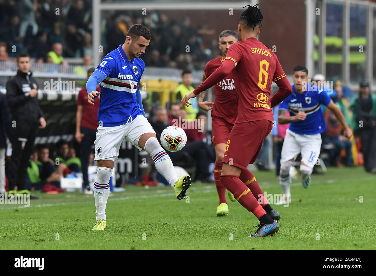 Federico Bonazzoli (Sampdoria), Chris Smalling (Roma) during Sampdoria vs AS Roma, Genova, Italy, 20 Oct 2019, Soccer Italian Soccer Serie A Men Champ Stock Photo