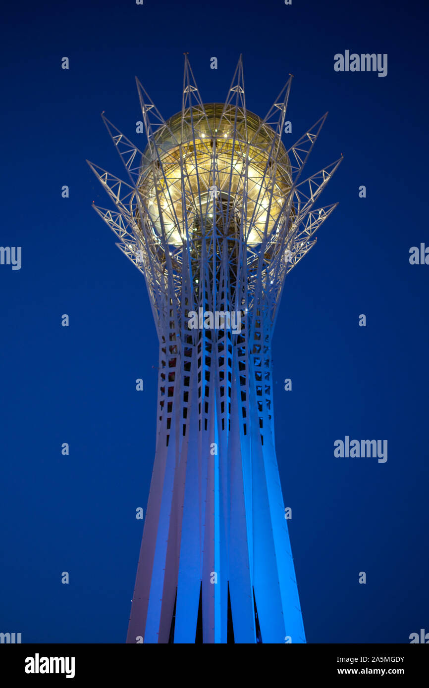 NUR-SULTAN - the Bayterek tower on Nurzhol boulevard  at night. Stock Photo