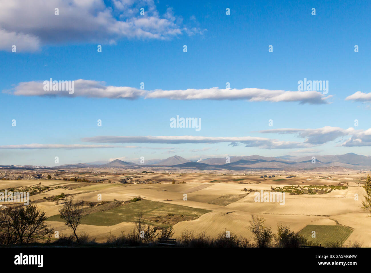 Kozani, Greece, panoramic view of the dry fields near Kozani city, in central Macedonia region, Greece. Stock Photo