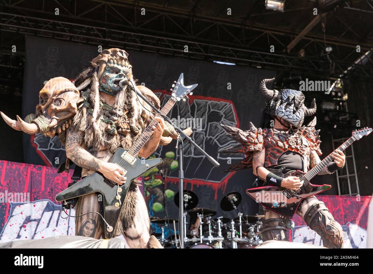 September 14, 2019, Chicago, Illinois, U.S: PUSTULUS MAXIMUM (BRENT PURGASON) and BALSAC THE JAWS OF DEATH (MIKE DERKS) of Gwar during the Riot Fest Music Festival at Douglas Park in Chicago, Illinois (Credit Image: © Daniel DeSlover/ZUMA Wire) Stock Photo