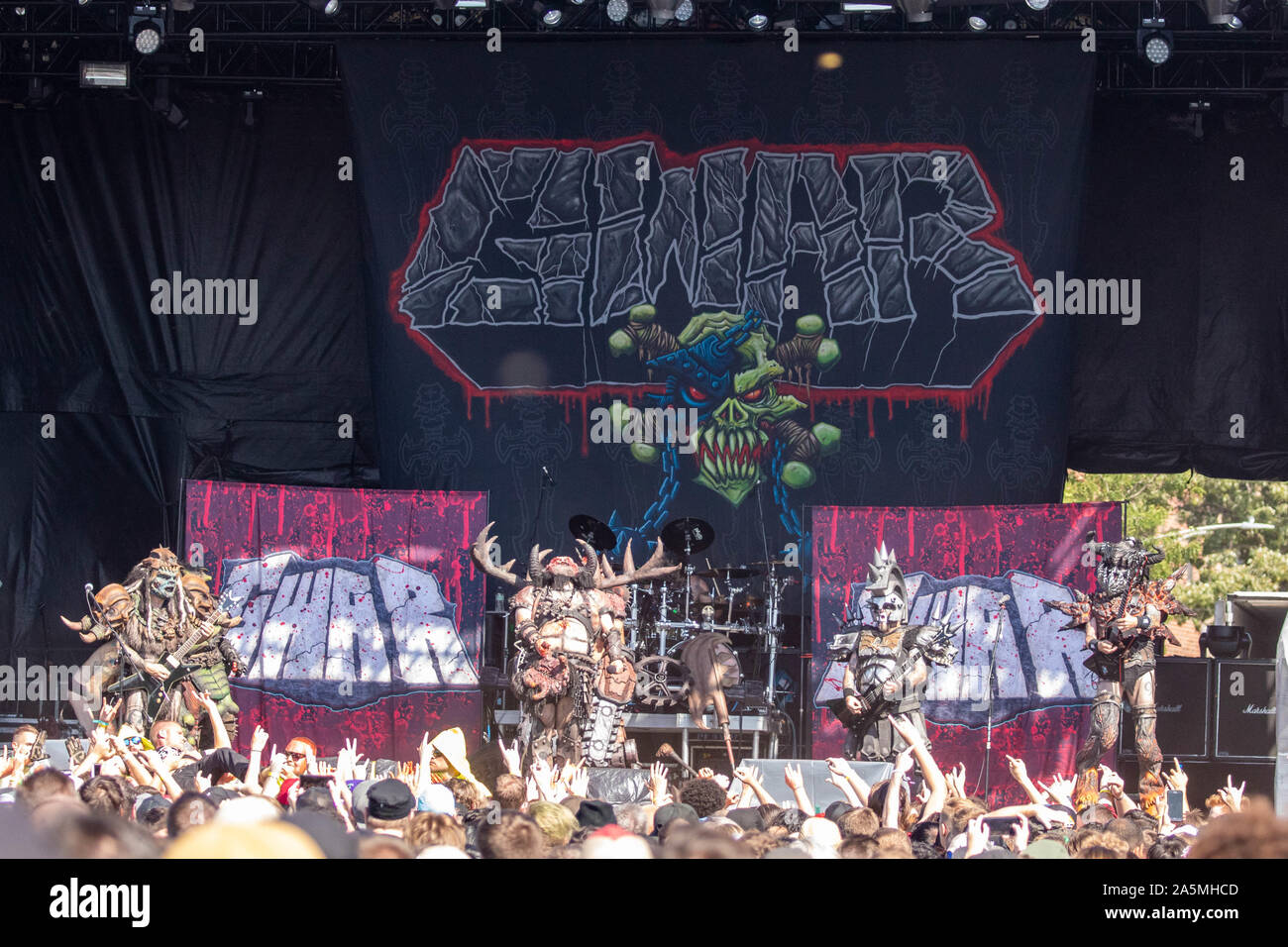September 14, 2019, Chicago, Illinois, U.S: PUSTULUS MAXIMUM (BRENT PURGASON), BLOTHAR (MICHAEL BISHOP), BEEFCAKE THE MIGHTY (CASEY ORR) and BALSAC THE JAWS OF DEATH (MIKE DERKS) of Gwar during the Riot Fest Music Festival at Douglas Park in Chicago, Illinois (Credit Image: © Daniel DeSlover/ZUMA Wire) Stock Photo