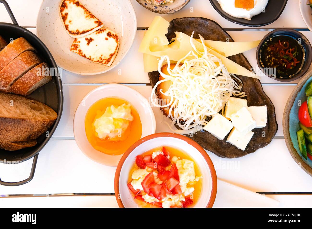 Tasty healthy breakfast with different types of cheese. Dairy products. Turkish Breakfast. Stock Photo