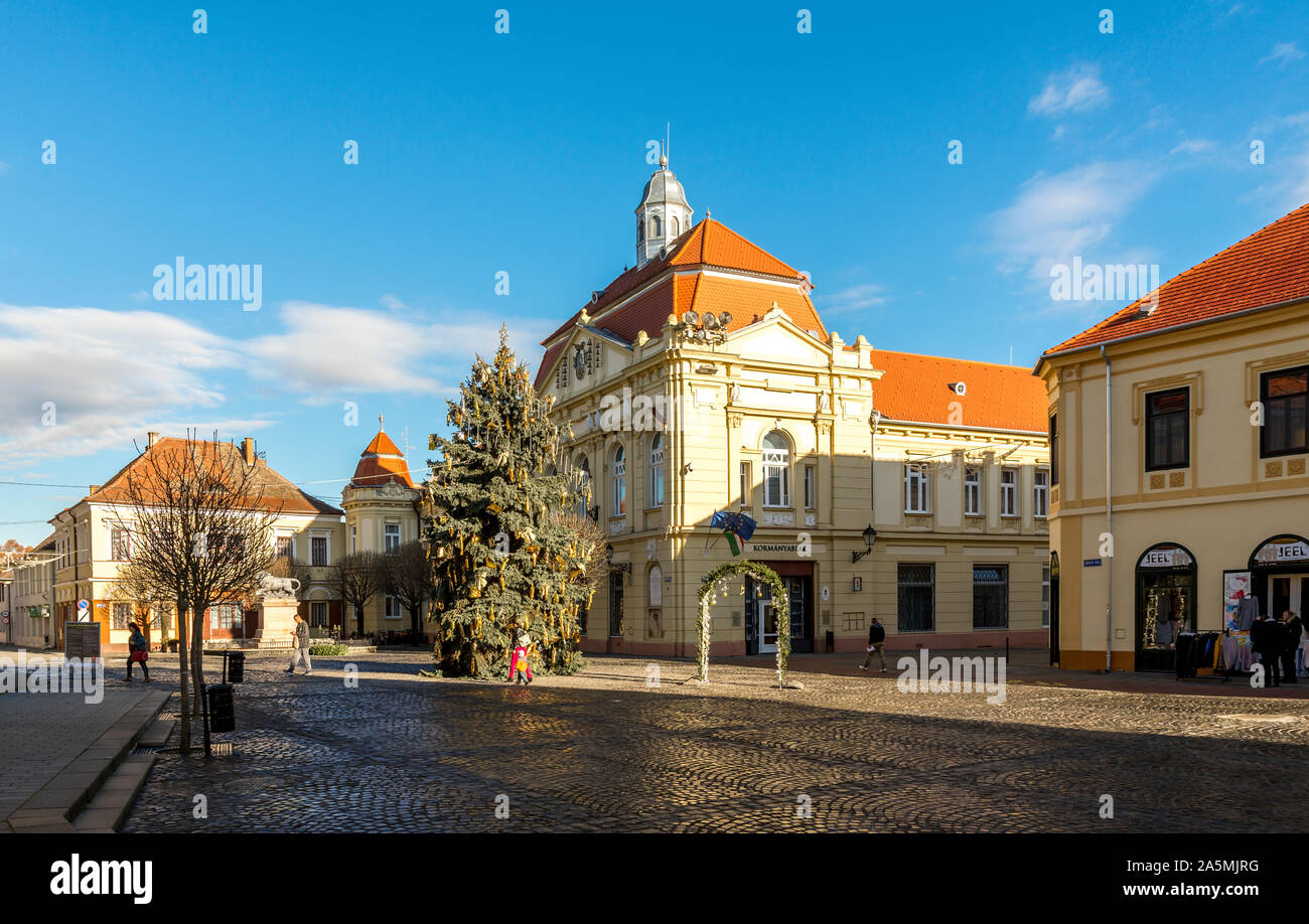 A Christmas tree in front of the Mayor's Office on Zrinyi square, Szigetvar city centre, Hungary Stock Photo