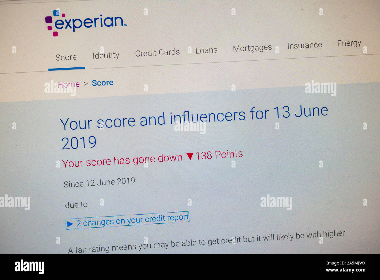 Screen shot of an Experian Credit Score screen showing a massive drop  following a failed identity theft attempt (in the UK Stock Photo - Alamy