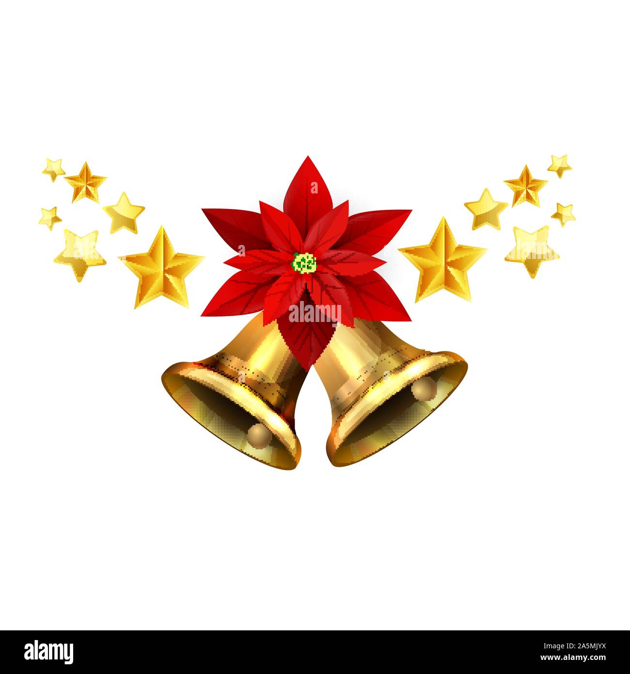 Vector illustration of shiny golden Christmas bells decorated with red ...