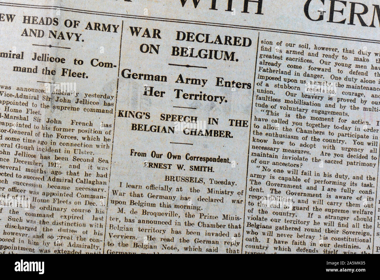 'War declared on Belgium' headline: The Daily News & Reader newspaper on Wednesday 5th August 1914 announcing the start of World War One. Stock Photo