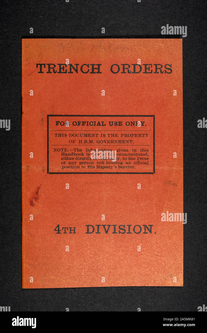 Front cover of the 'Trench Orders 4th Division' booklet, issued in , a piece of replica memorabilia from the World War One era. Stock Photo