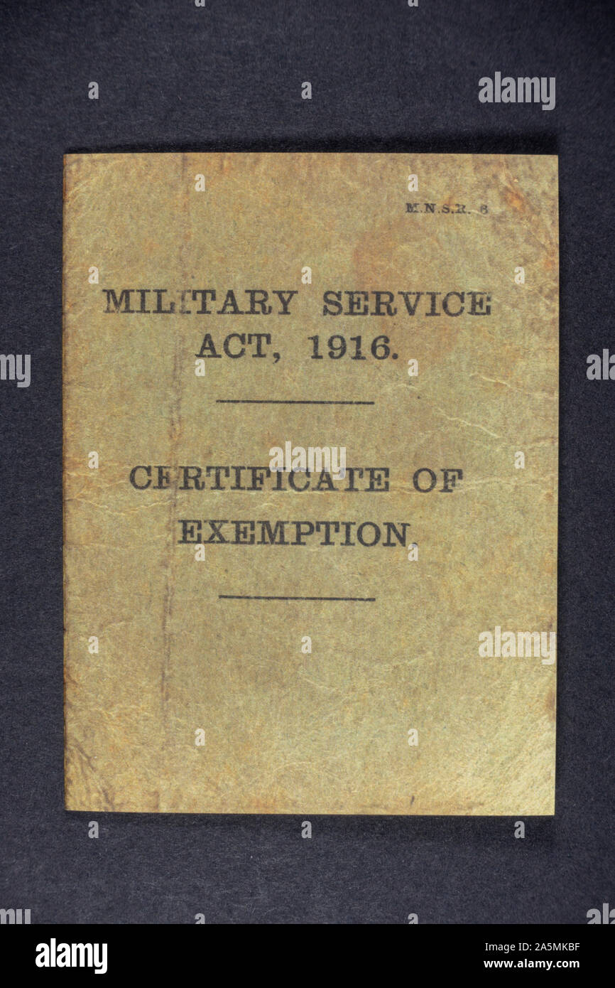 A Military Service Act 1916 Certificate of Exemption, a piece of replica memorabilia from the World War One era. Stock Photo