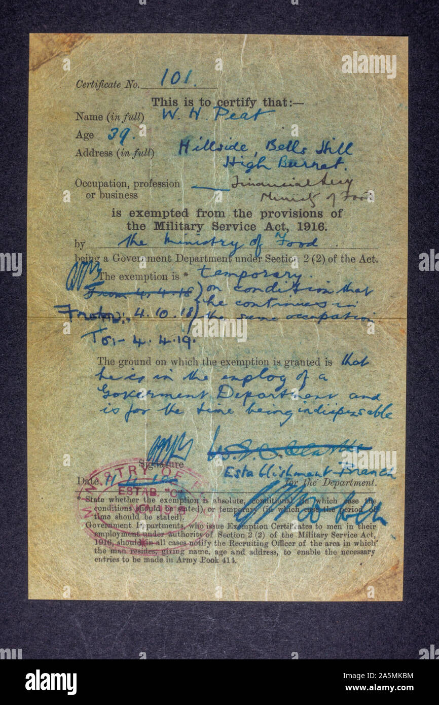 A Military Service Act 1916 Certificate of Exemption, a piece of replica memorabilia from the World War One era. Stock Photo