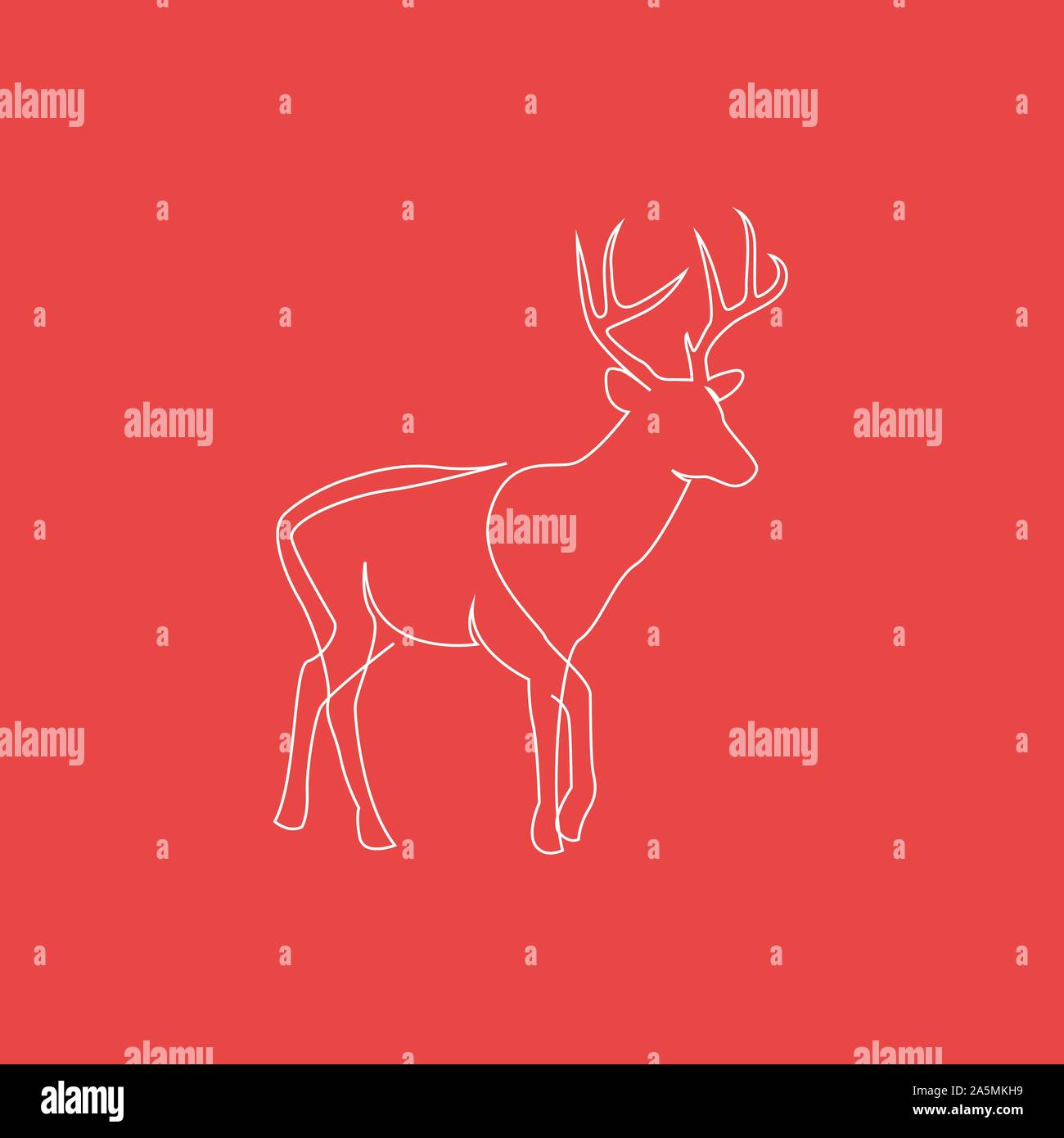 One continuous line drawing of Reindeer Christmas sign on red background. Full height deer. Vector illustration. EPS 10 Stock Vector