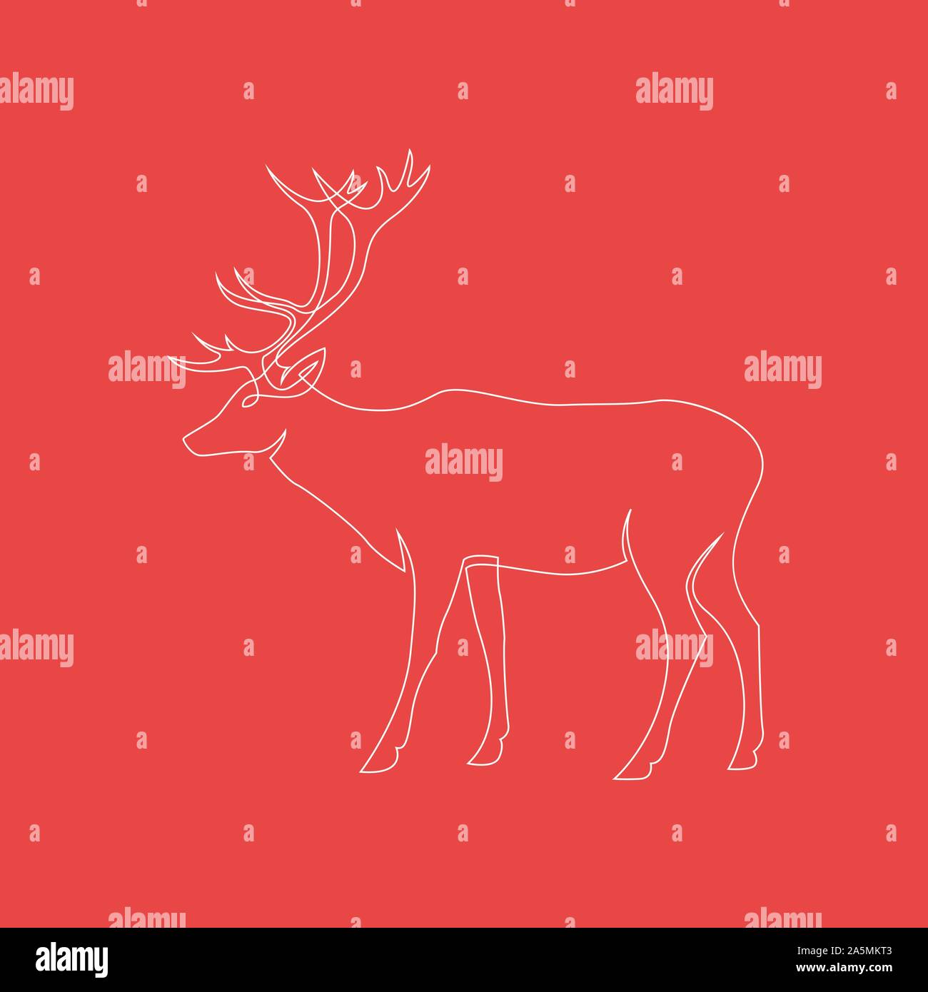 One continuous line drawing of Reindeer Christmas sign on red background. Full height deer. Vector illustration. EPS 10 Stock Vector