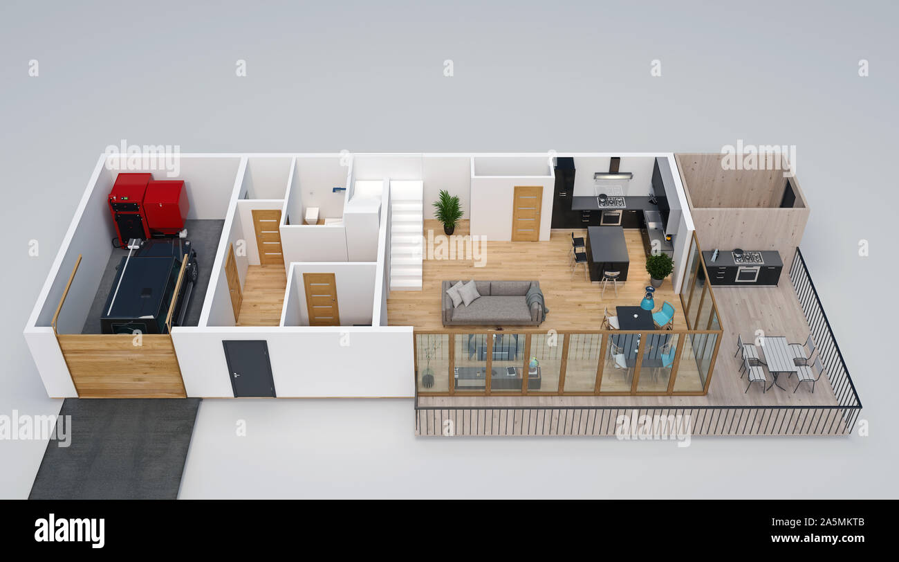 3d floorplan, isometric view of the house with garage, terrace, deck, outdoor kitchen and stairs to second floor, 3d Render, 3d Illustration Stock Photo