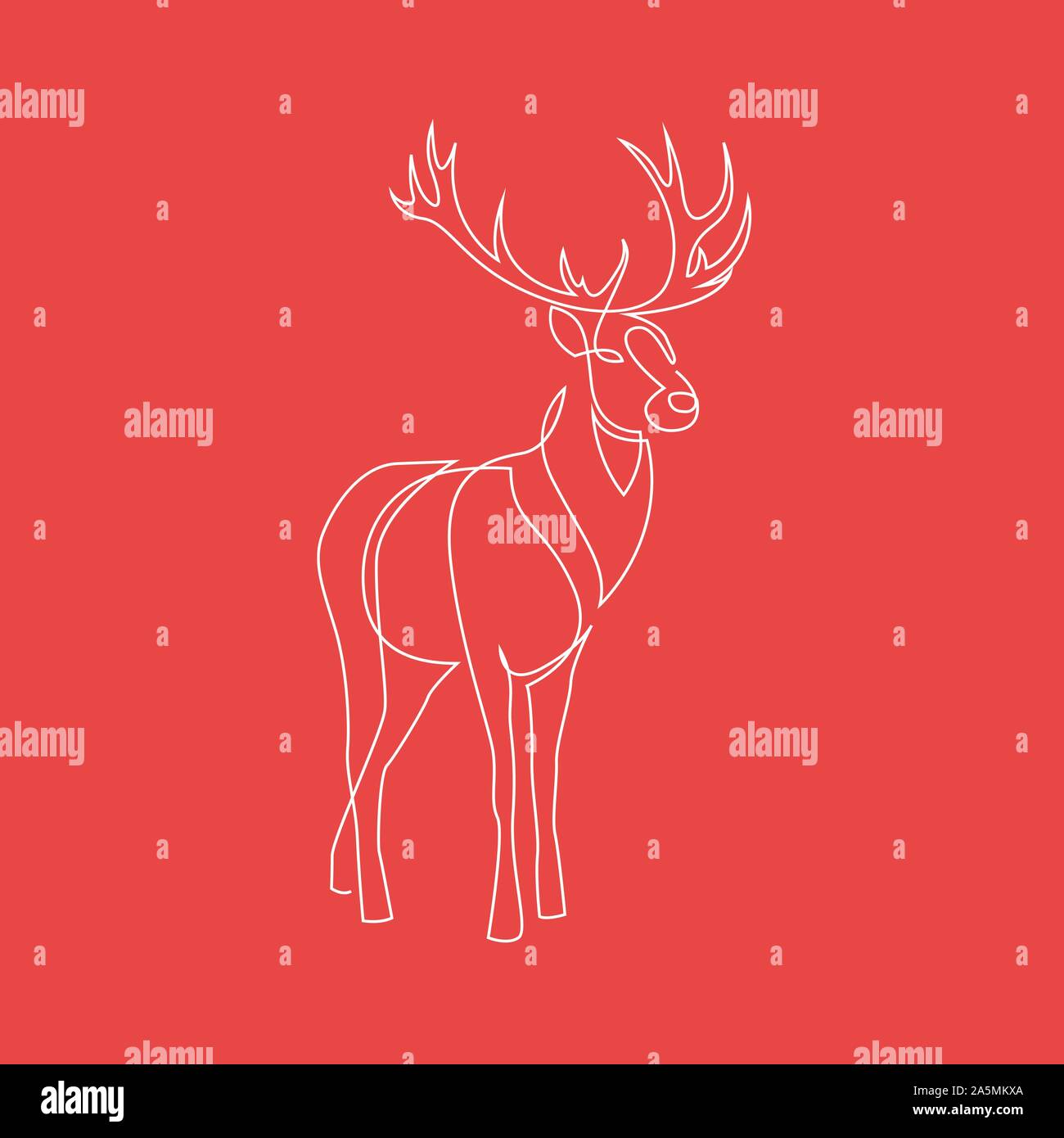 One continuous line drawing of Reindeer Christmas sign on red background. Full height deer. Vector illustration. EPS 10 Stock Vector