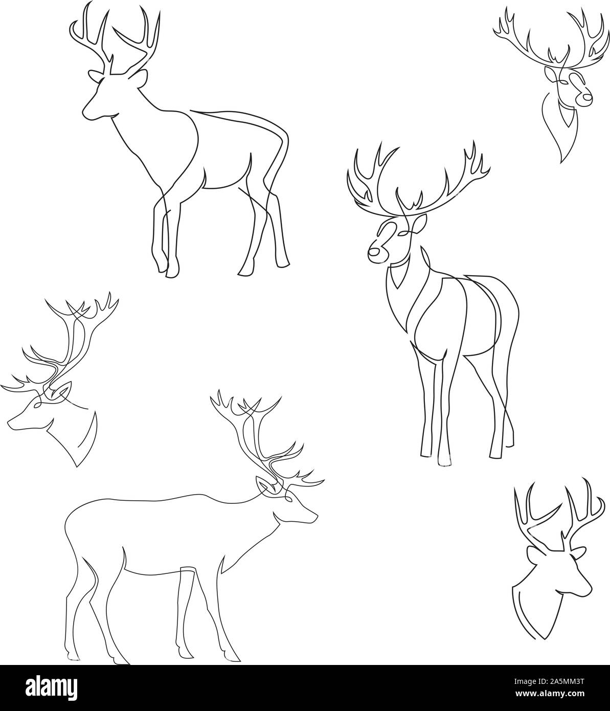 One line design silhouette of deer. Set of full height and heads. Hand drawn single continuous line minimalism style vector illustration Stock Vector