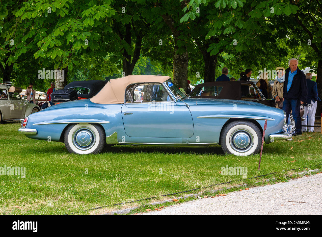 BADEN BADEN, GERMANY - JULY 2019: blue azure beige MERCEDES-BENZ 190 SL  roadster cabrio 1955 1963, oldtimer meeting in Kurpark Stock Photo - Alamy