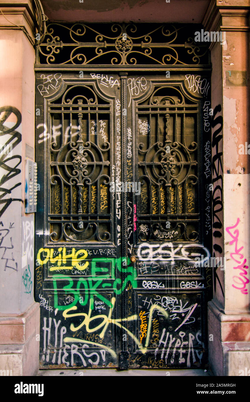 Iron Door Painted Black With Graffiti And Wrought Iron In Turkey Stock Photo Alamy