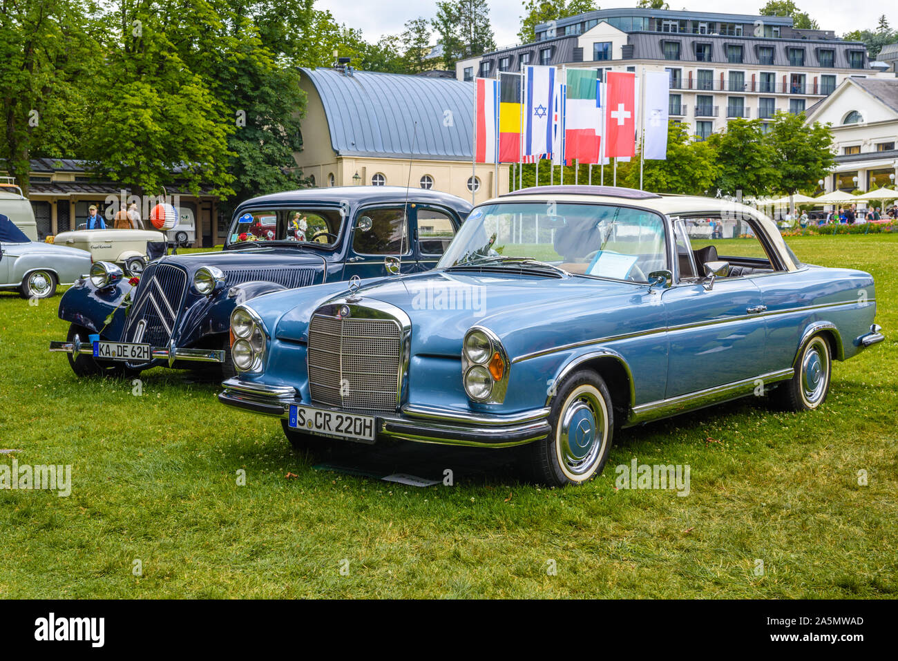BADEN BADEN, GERMANY - JULY 2019: blue beige MERCEDES-BENZ W111 280SE 280 SE coupe 1961 1971, oldtimer meeting in Kurpark. Stock Photo