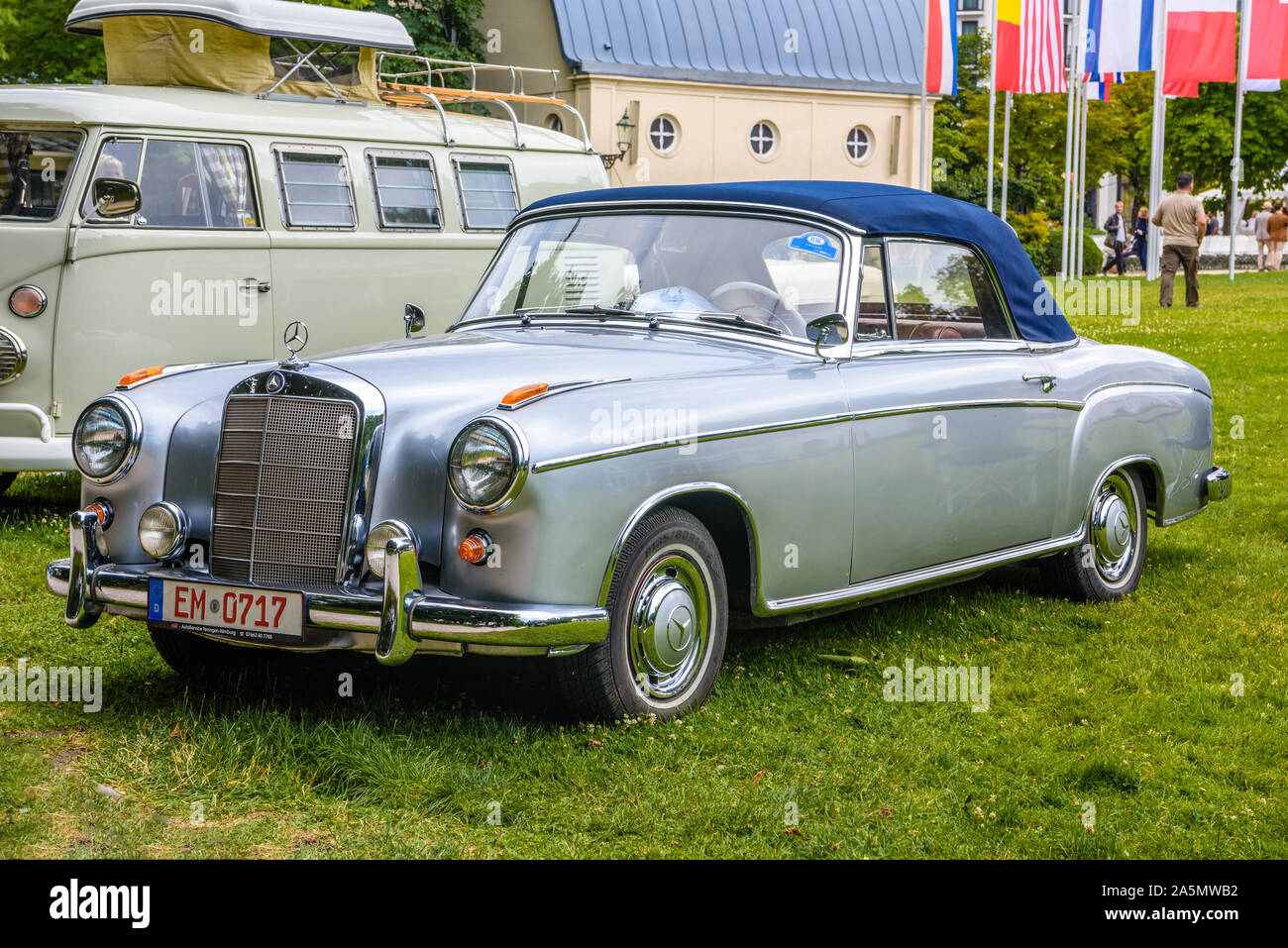 BADEN BADEN, GERMANY - JULY 2019: silver gray blue MERCEDES-BENZ W128 220SE 220 SE cabriolet cabrio 1958 1960, oldtimer meeting in Kurpark. Stock Photo