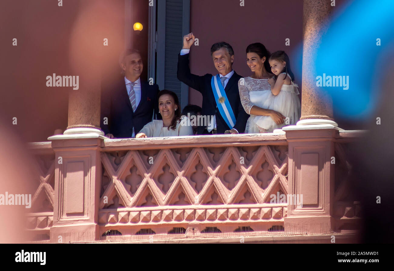 Argentina's President mauricio Macri on balcony of the Casa Rosada on his inauguration day. Stock Photo