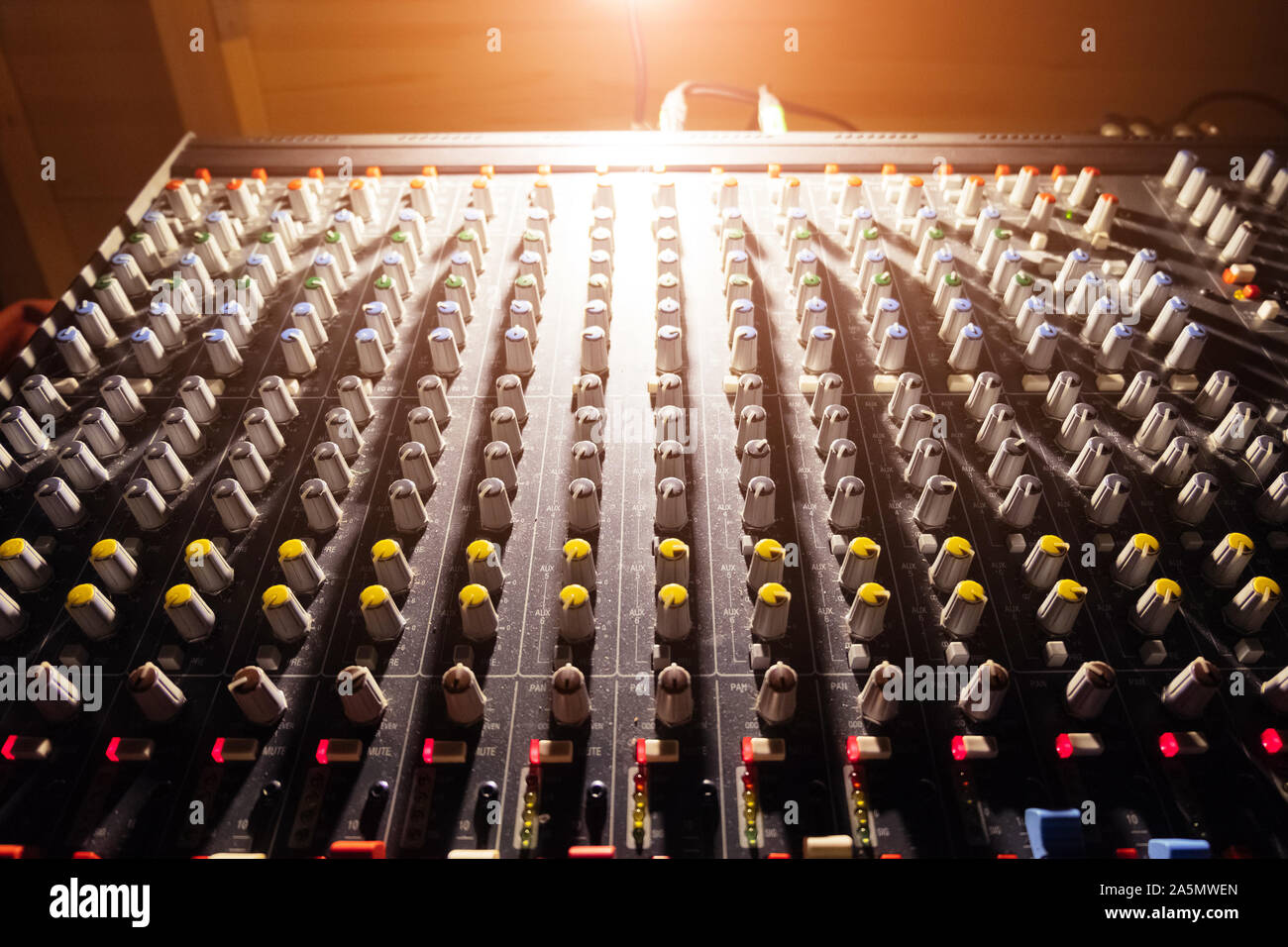 Control panel of the modern sound mixer. Stock Photo