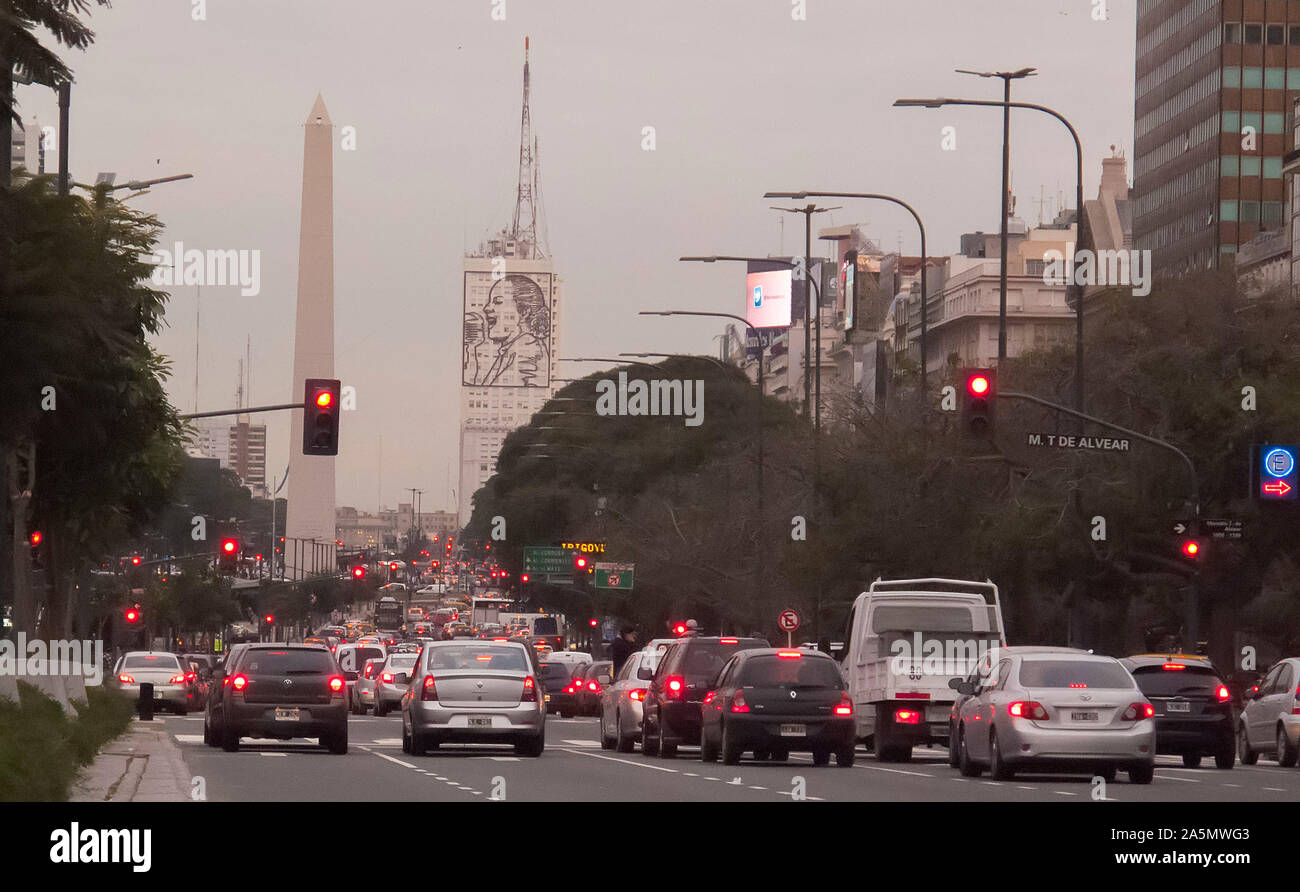 Red stop lights on 9 de Julio Avenue in Buenos Aires, Argentina Stock Photo