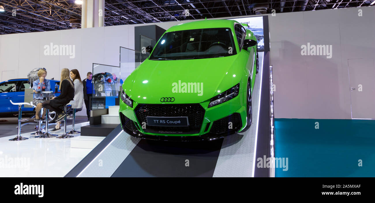 BUDAPEST/HUNGARY - OCTOBER 18, 2019: Automobile technology trade show. 2020 Audi TT RS Coupe on display at vendor booth. Stock Photo
