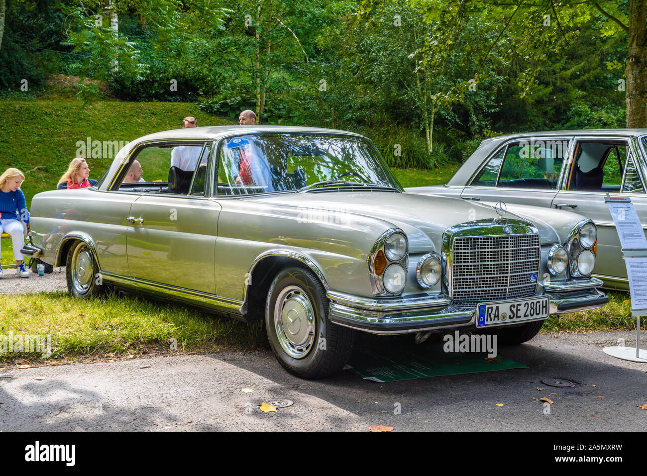 BADEN BADEN, GERMANY - JULY 2019: silver gray MERCEDES-BENZ W111 280SE 280 SE coupe 1961 1971, oldtimer meeting in Kurpark. Stock Photo