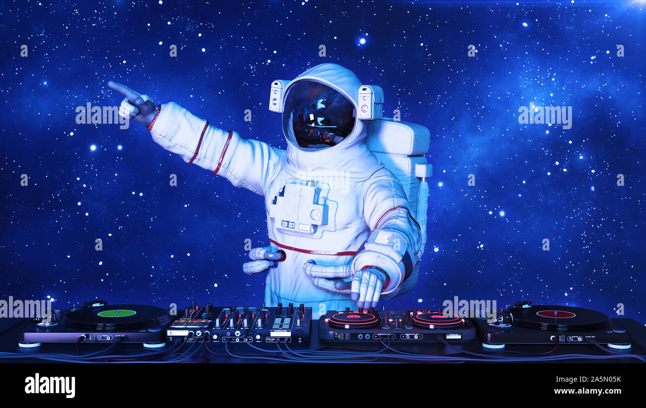 DJ astronaut, disc jockey spaceman pointing and playing music on turntables, cosmonaut on stage with deejay audio equipment, 3D rendering Stock Photo