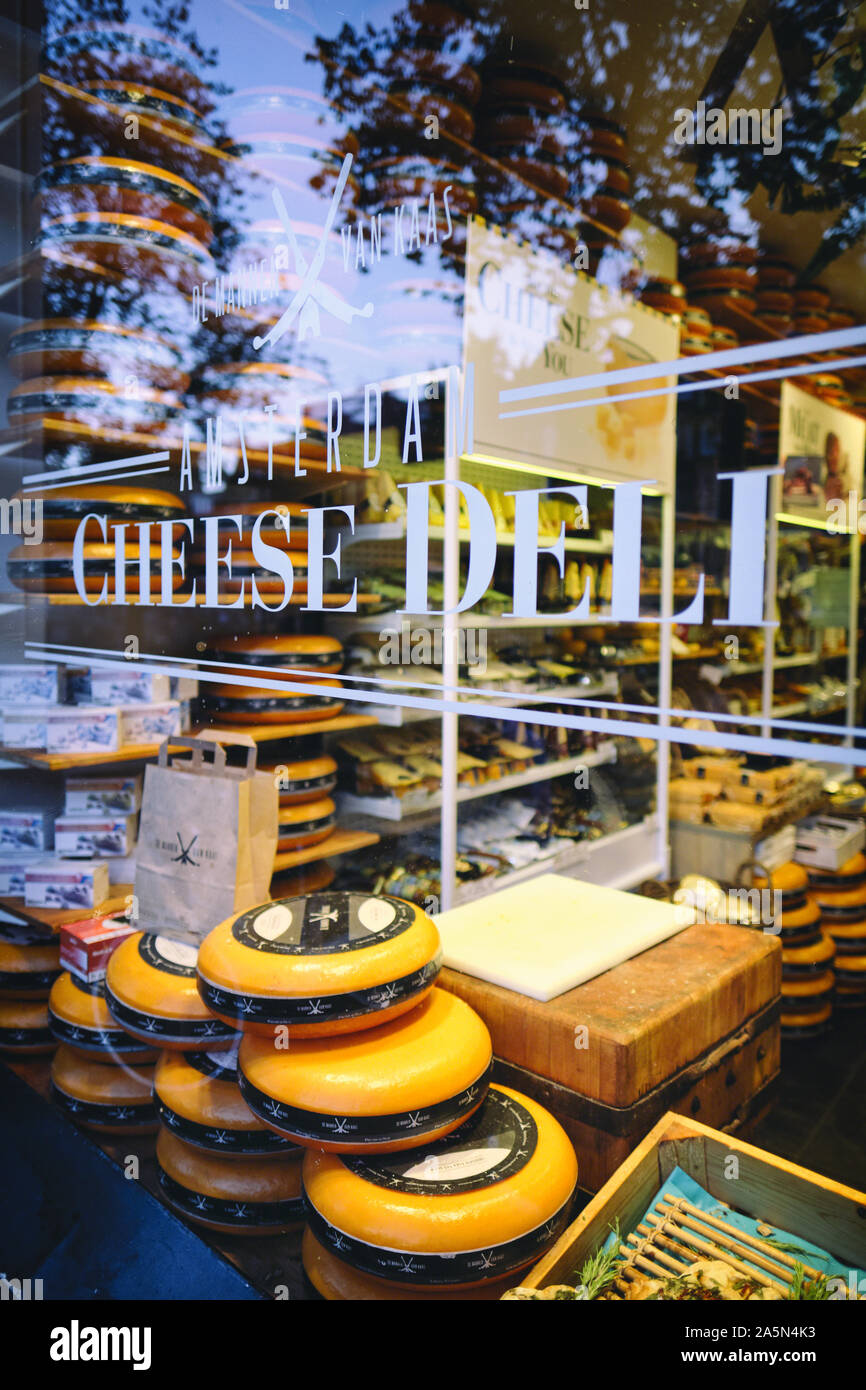 Whole Wheel of Dutch Chesses in a Store Display, Amsterdam, Netherlands Stock Photo