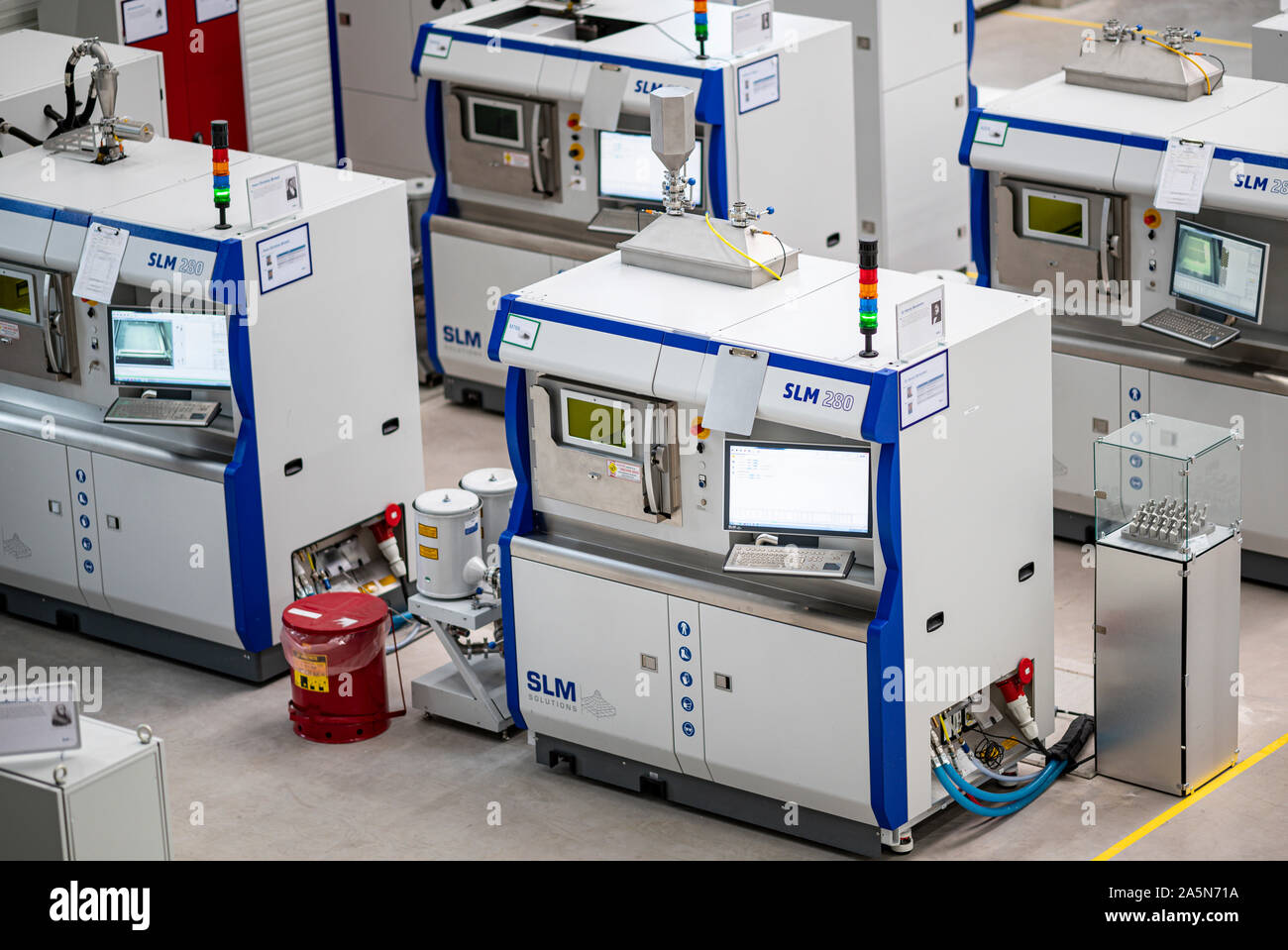 02 October 2019, Schleswig-Holstein, Lübeck: 3D printers are located in the workshop of the SLM Solutions Group. After a change at the top of the company, SLM wants to get back on track for success. Photo: Axel Heimken/dpa Stock Photo
