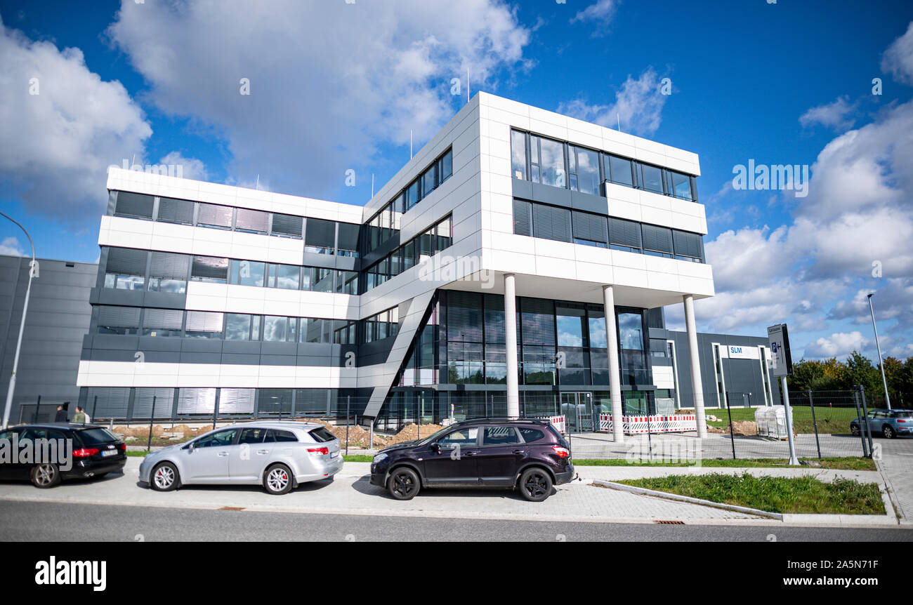 02 October 2019, Schleswig-Holstein, Lübeck: The factory building of the 3D printer manufacturer SLM Solutions Group. After a change at the top of the company, SLM wants to get back on track for success. Photo: Axel Heimken/dpa Stock Photo