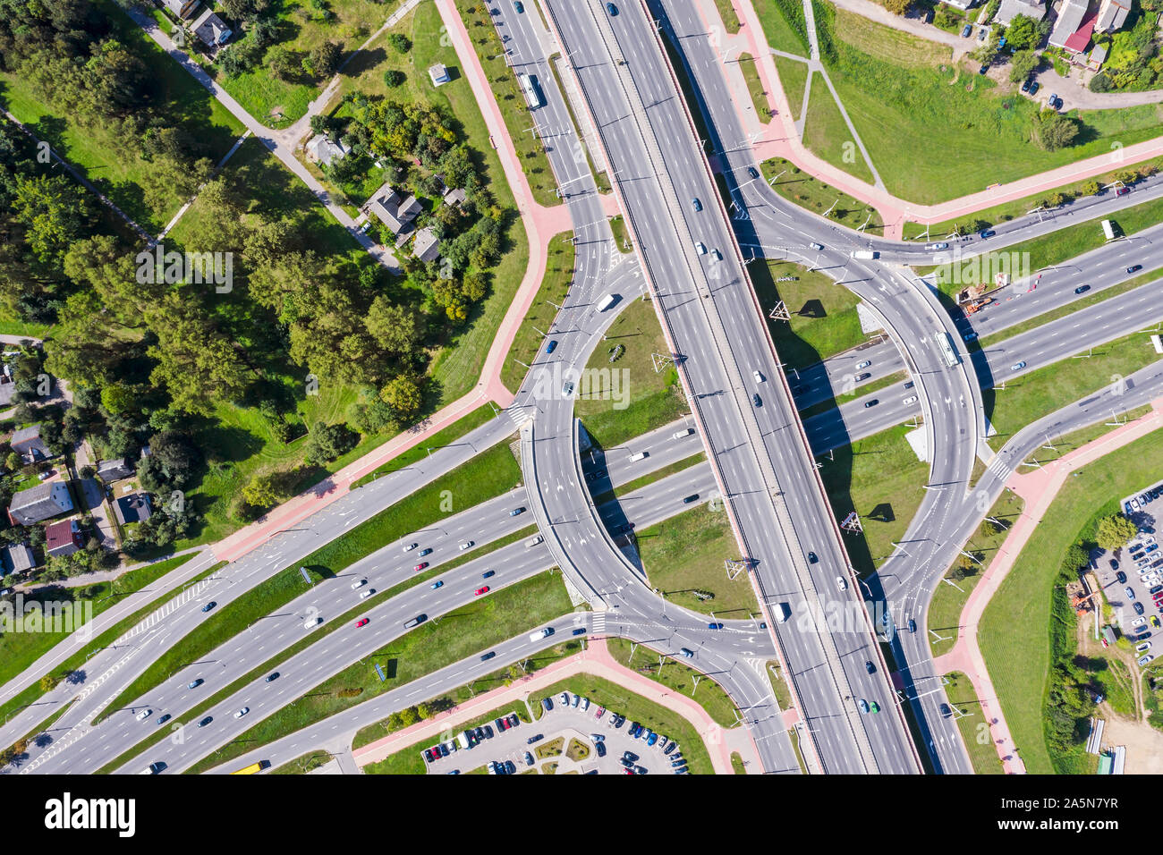aerial top view of big city roundabout traffic. drone photography Stock ...