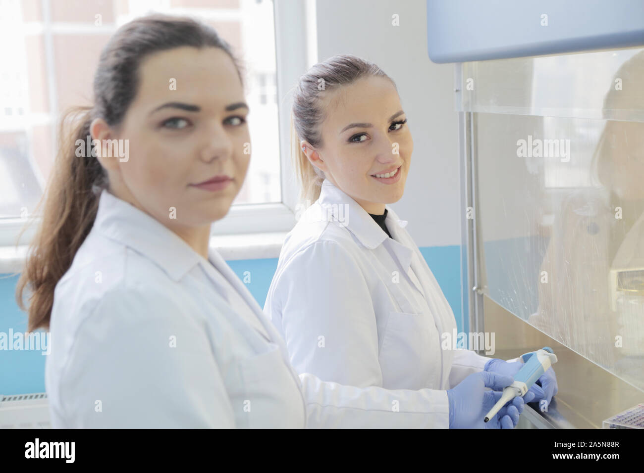 Two young female Laboratory scientists working at lab with test tubes ...