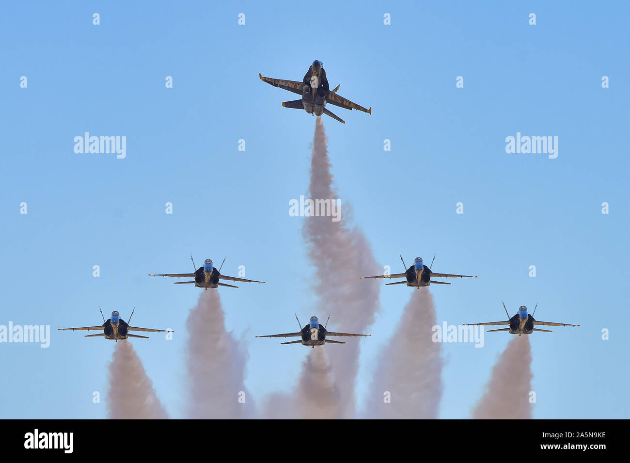 191006-N-UK306-1875 SACRAMENTO, Calif. (Oct. 6, 2019) The U.S. Navy Flight Demonstration Squadron, the Blue Angels, pilots perform the pitch-up break maneuver during the 2019 California Capital Air Show in Sacramento. The Blue Angels are scheduled to conduct 61 flight demonstrations at 32 locations across the country to showcase the pride and professionalism of the U.S. Navy and Marine Corps to the American and Canadian public in 2019. (U.S. Navy photo by Mass Communication Specialist 2nd Class Timothy Schumaker/Released) Stock Photo