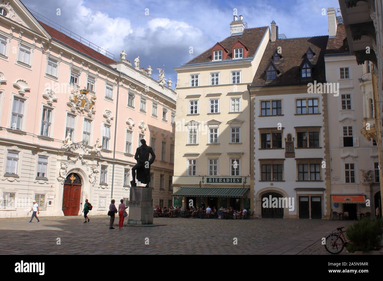 perspective of the Vienna judenplatz with the memorial to the genocide of the Jews and statue of the writer Gotthold Ephraim Lessing Stock Photo