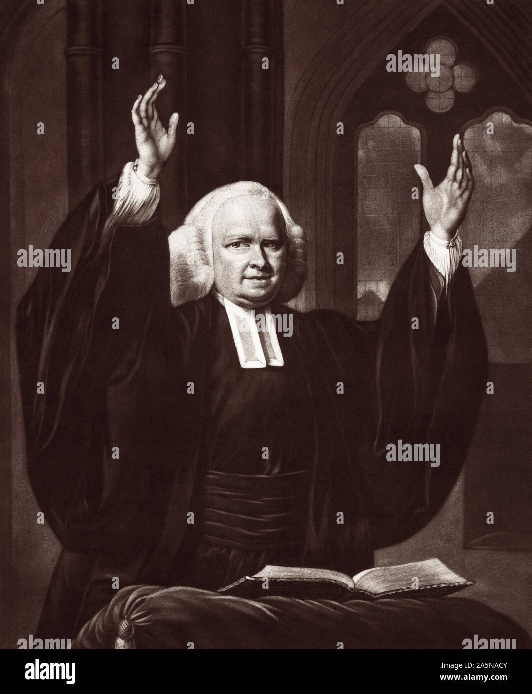 George Whitefield (1714–1770), whose name was pronounced and sometimes spelled Whitfield, was a popular (and controversial) English Anglican evangelist and itinerant preacher who traveled and preached extensively throughout the American Colonies and the United Kingdom. Stock Photo