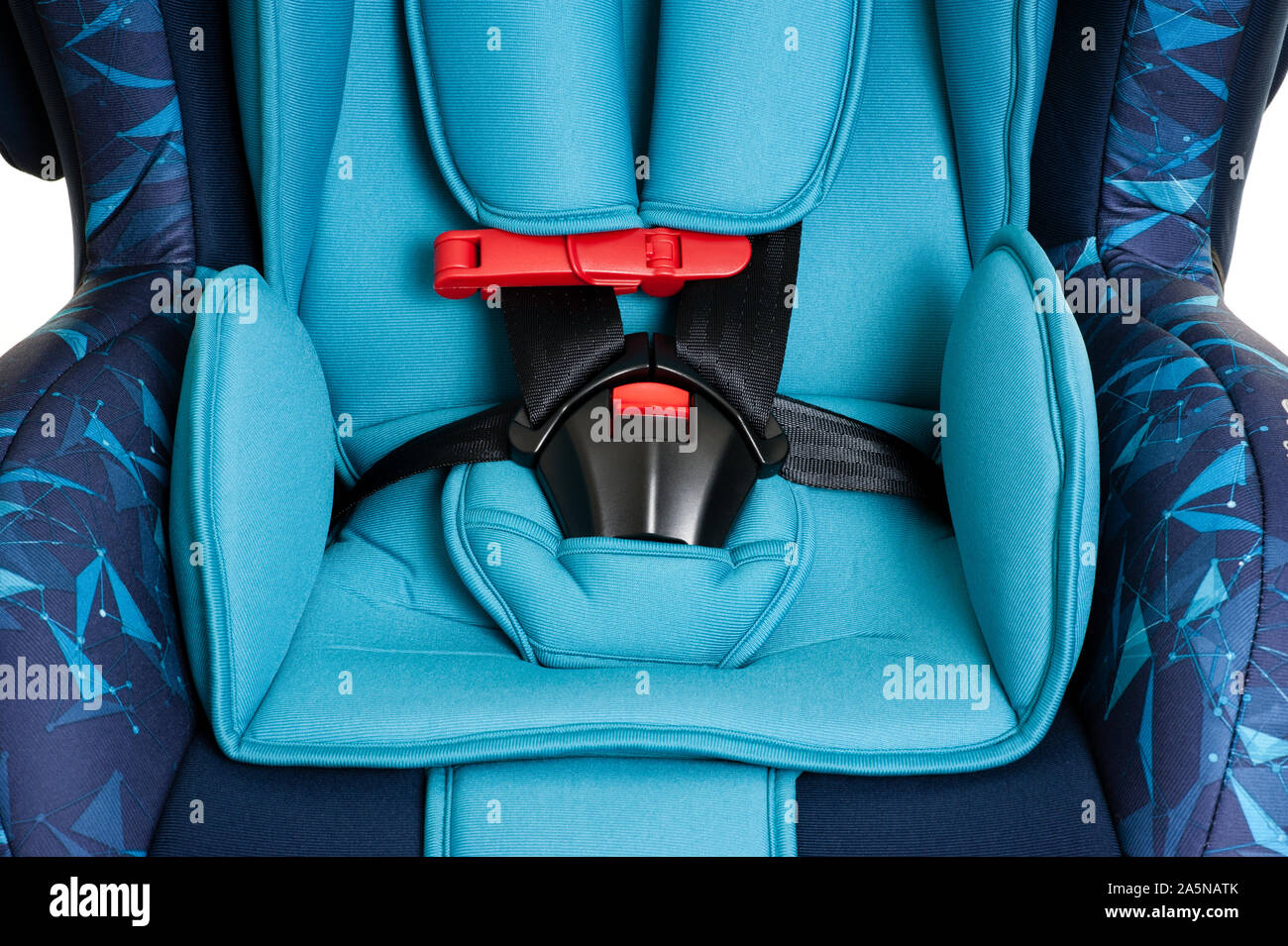 closeup details of blue child safety seat, seat designed specifically