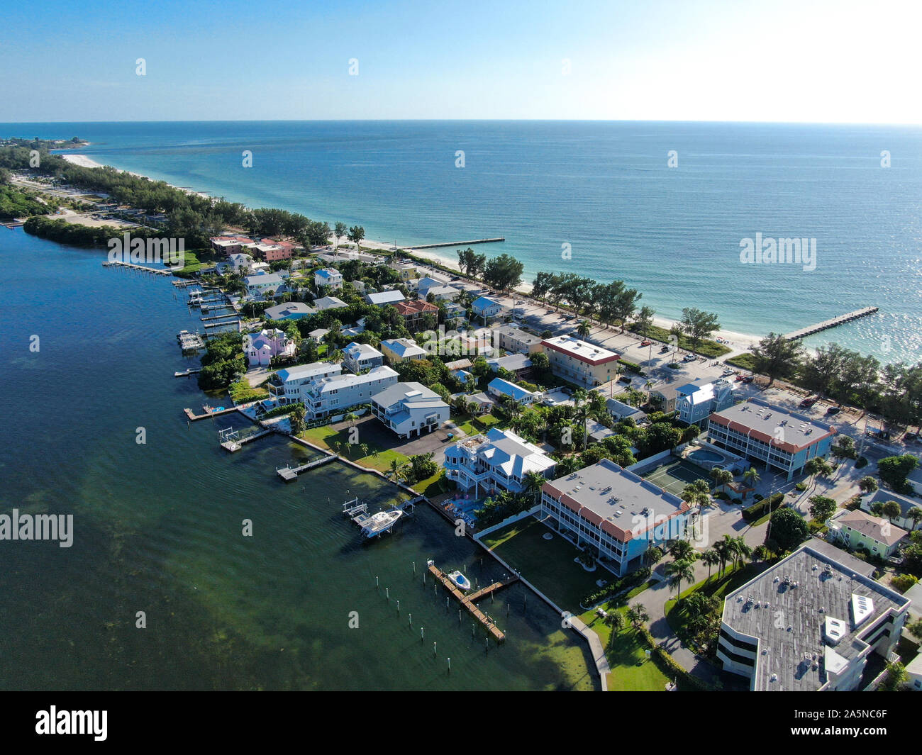Aerial view of Anna Maria Island town and beaches, barrier island on Florida Gulf Coast. Manatee County. USA Stock Photo