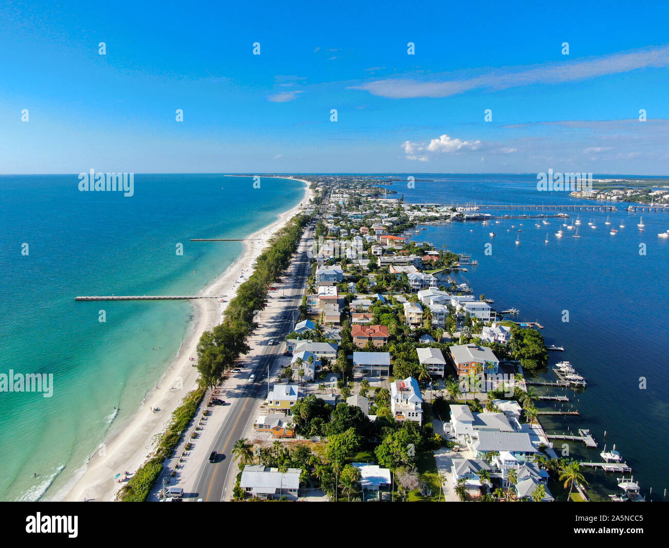 Aerial view of Anna Maria Island town and beaches, barrier island on Florida Gulf Coast. Manatee County. USA Stock Photo