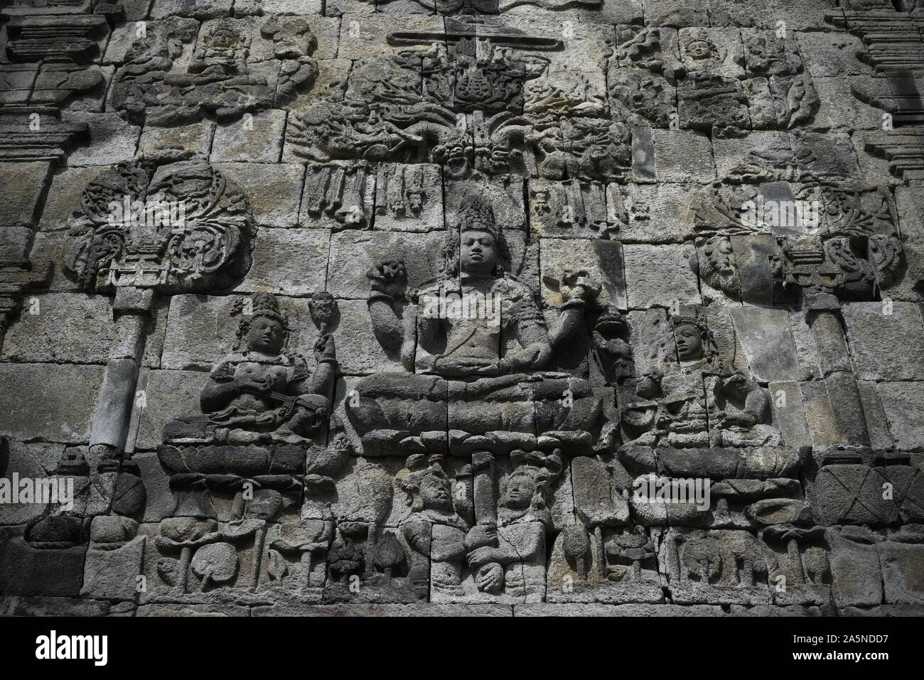 Bas-reliefs at Mendut Temple, Central Java, Indonesia. Stock Photo