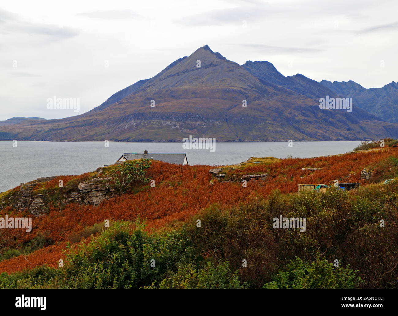 A view across Loch Scavaig to the Cuillin Hills from Elgol, Strathaird, Isle of Skye, Scotland, United Kingdom, Europe. Stock Photo